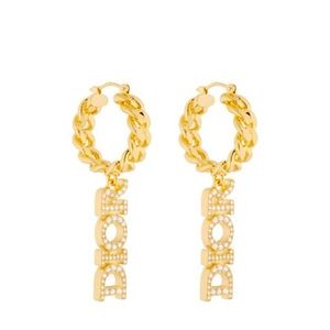 White crystals, 'DIOR' signature, gold-finish metal, hook clasp, sold as a pair.